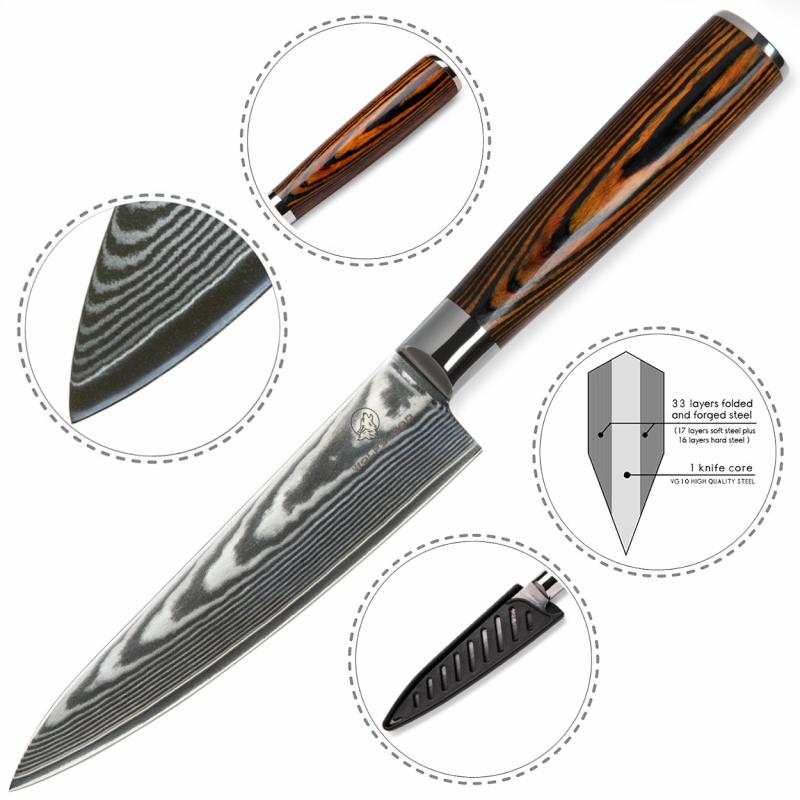 Wolfblood Küchenmesser Santoku Damastmesser Kochmesser Officemesser Damast-Küchenmesser Damastmesser Set